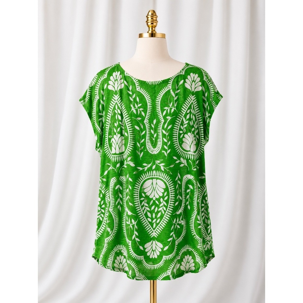 Joie Linen Tee Top Kelly Green White Paisley‎ Botanical Print Cap Sleeve Size L - Picture 2 of 9